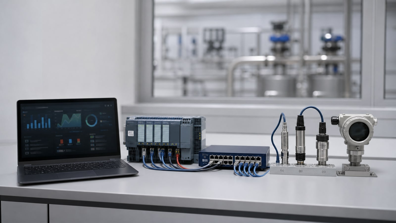 Equipo OT industrial con sensores conectados y tablero de seguridad en una sala de control