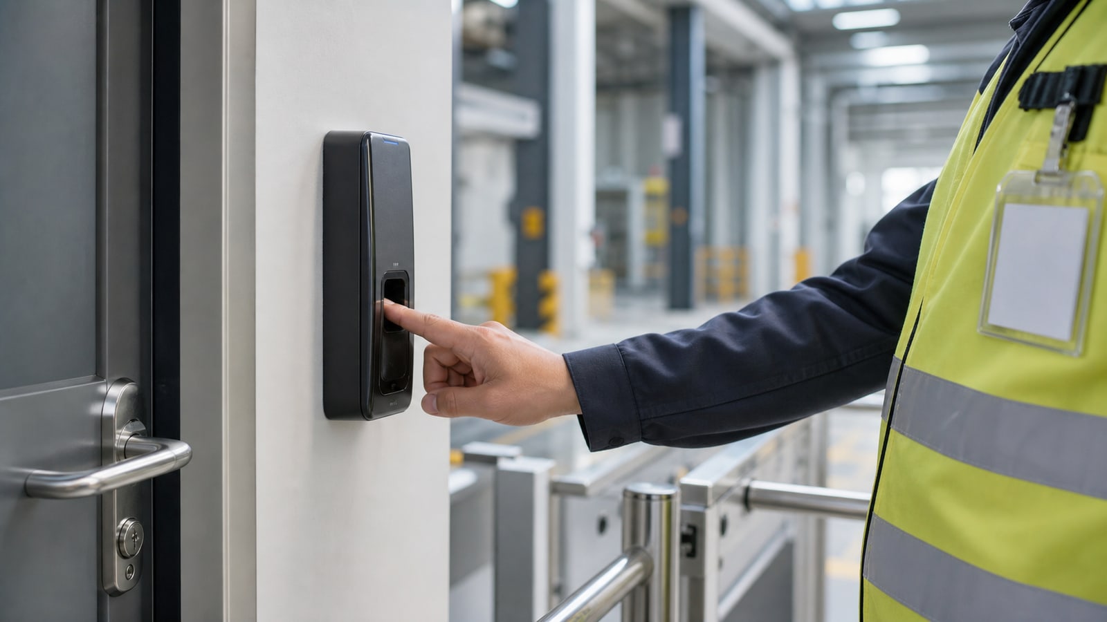 Lector biométrico en la entrada de una planta industrial con un trabajador acercando la mano
