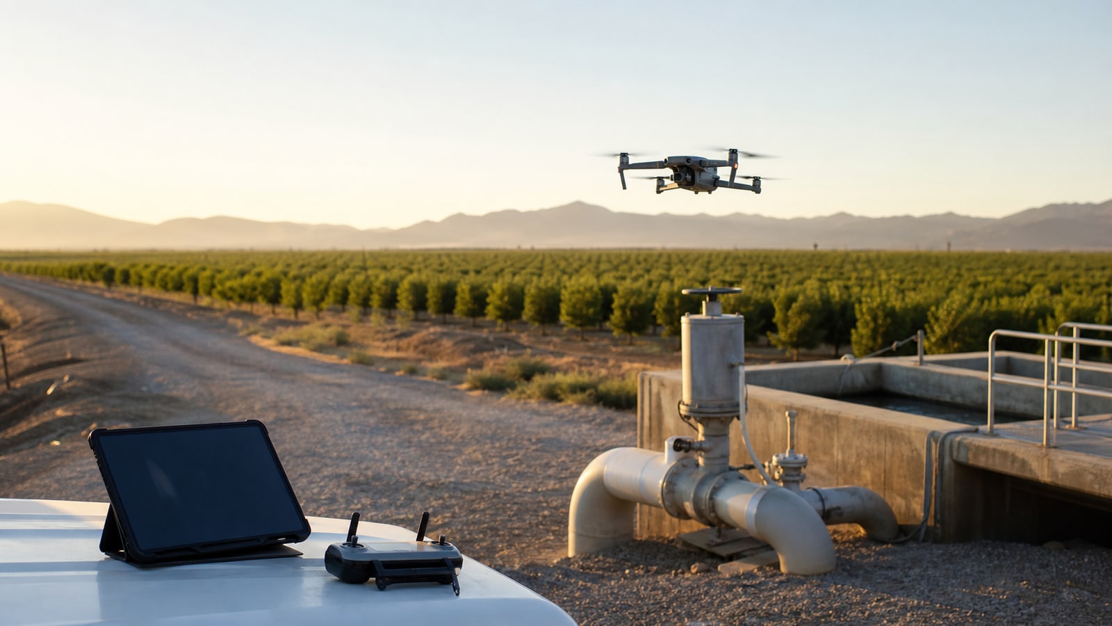 Dron comercial inspeccionando infraestructura en un sitio industrial y agrícola remoto