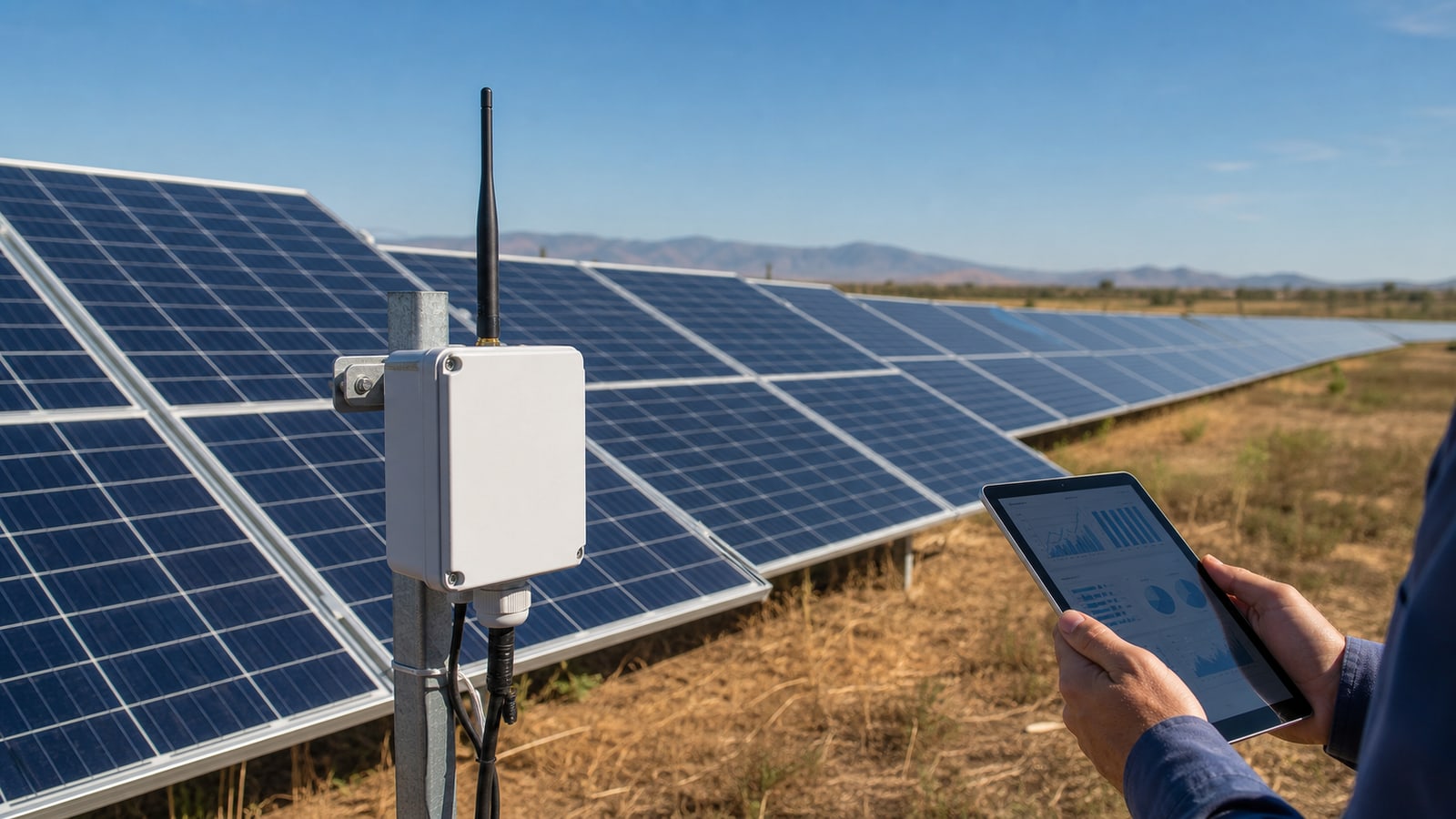 Sensor IoT instalado junto a paneles solares en una planta remota