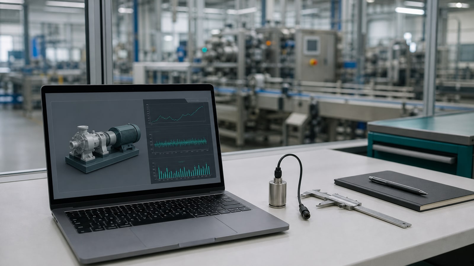 Banco industrial con sensor de vibración y pantalla de gemelo digital para mantenimiento predictivo