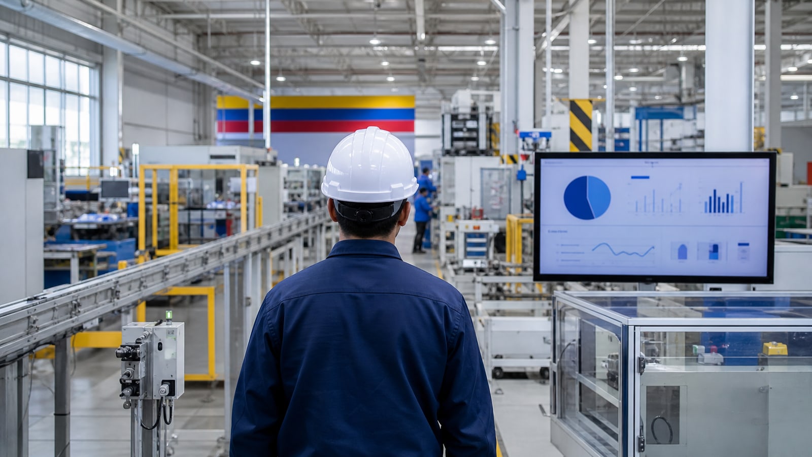 Línea de manufactura moderna con sensores y tablero operativo en una planta colombiana
