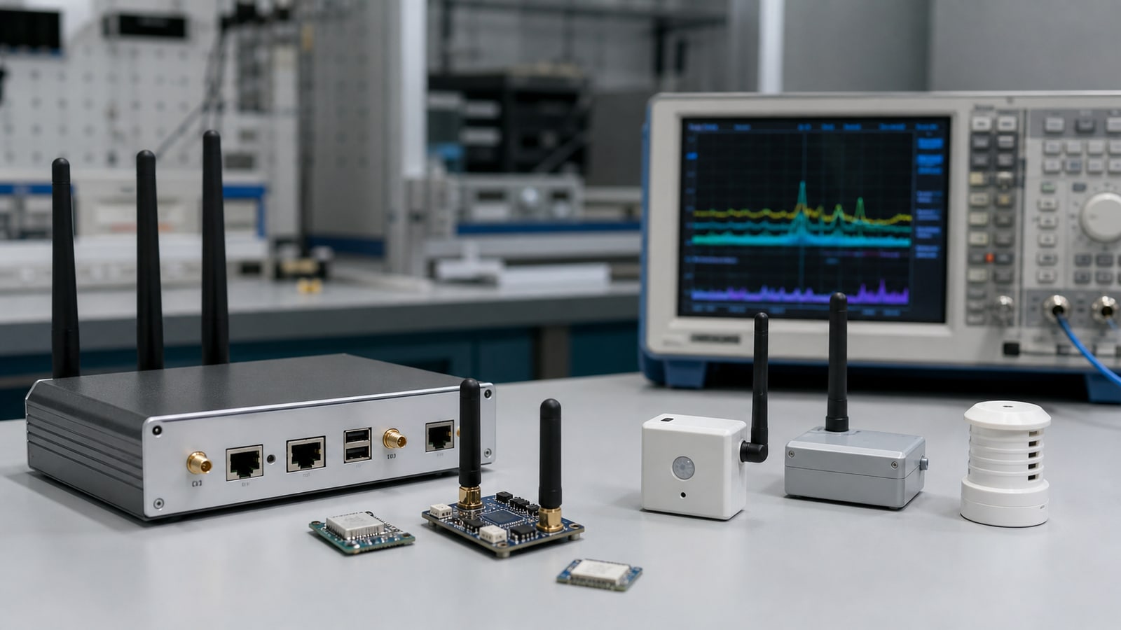 Módulos IoT y antenas LoRaWAN sobre un banco de laboratorio industrial