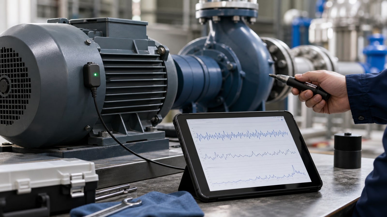 Sensor de vibración y tableta de monitoreo junto a un motor industrial
