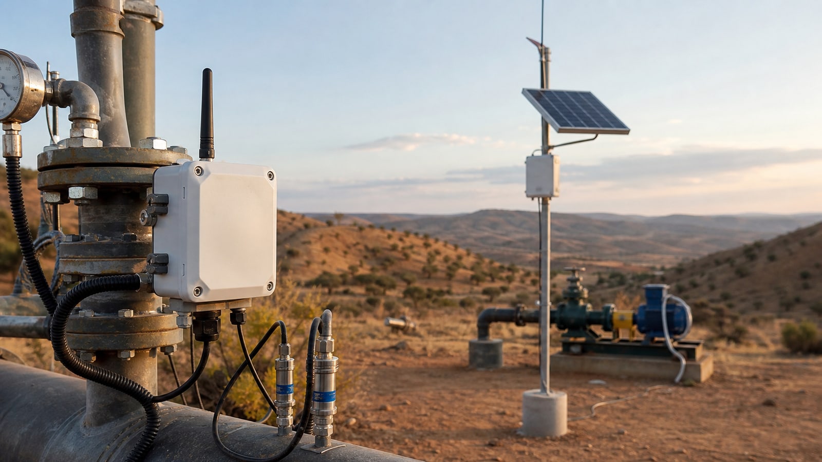 Nodo IoT LoRa conectado a sensores de presión y temperatura en una operación remota