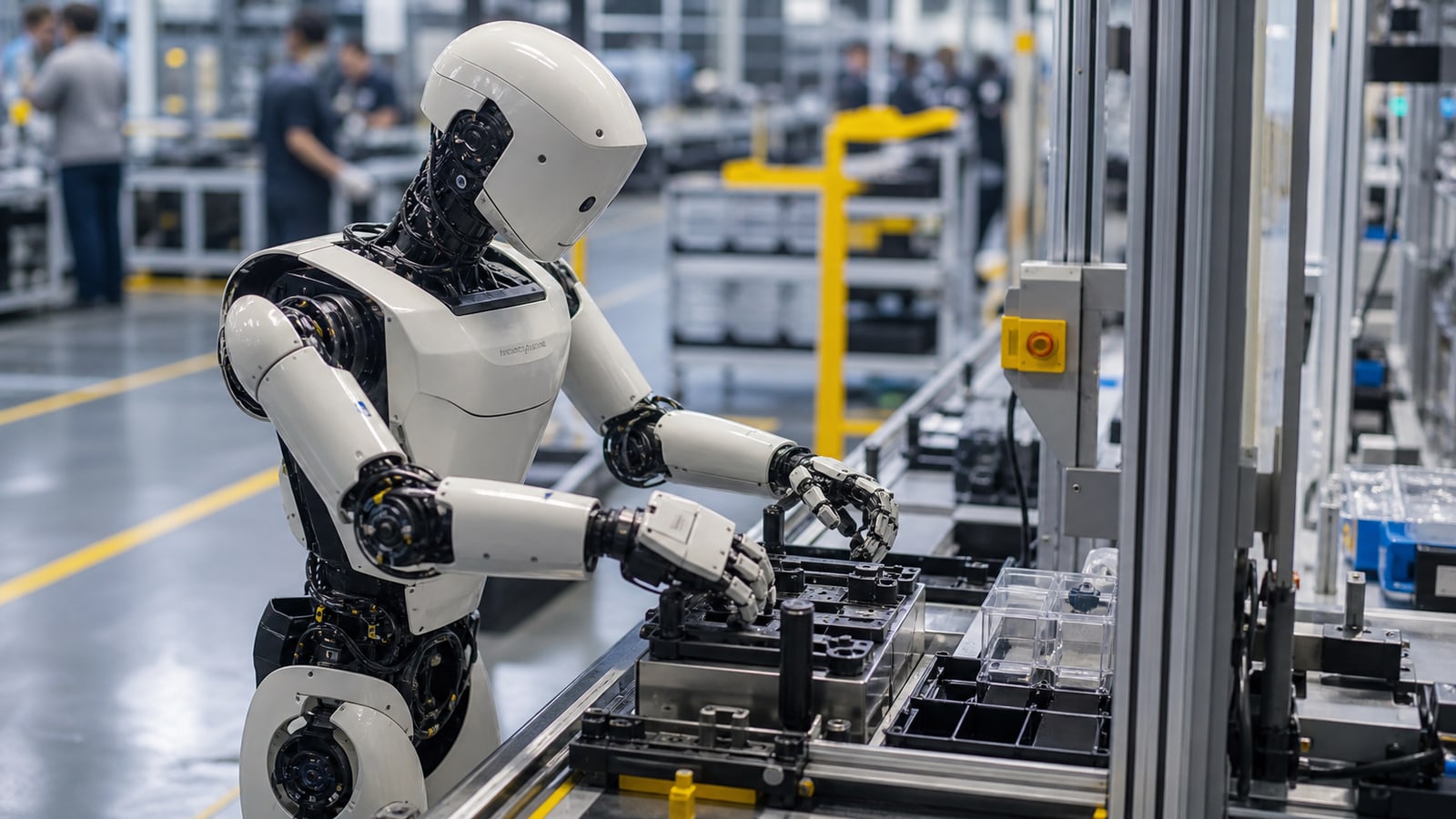 Robot humanoide operando en una estación de ensamblaje dentro de una fábrica real