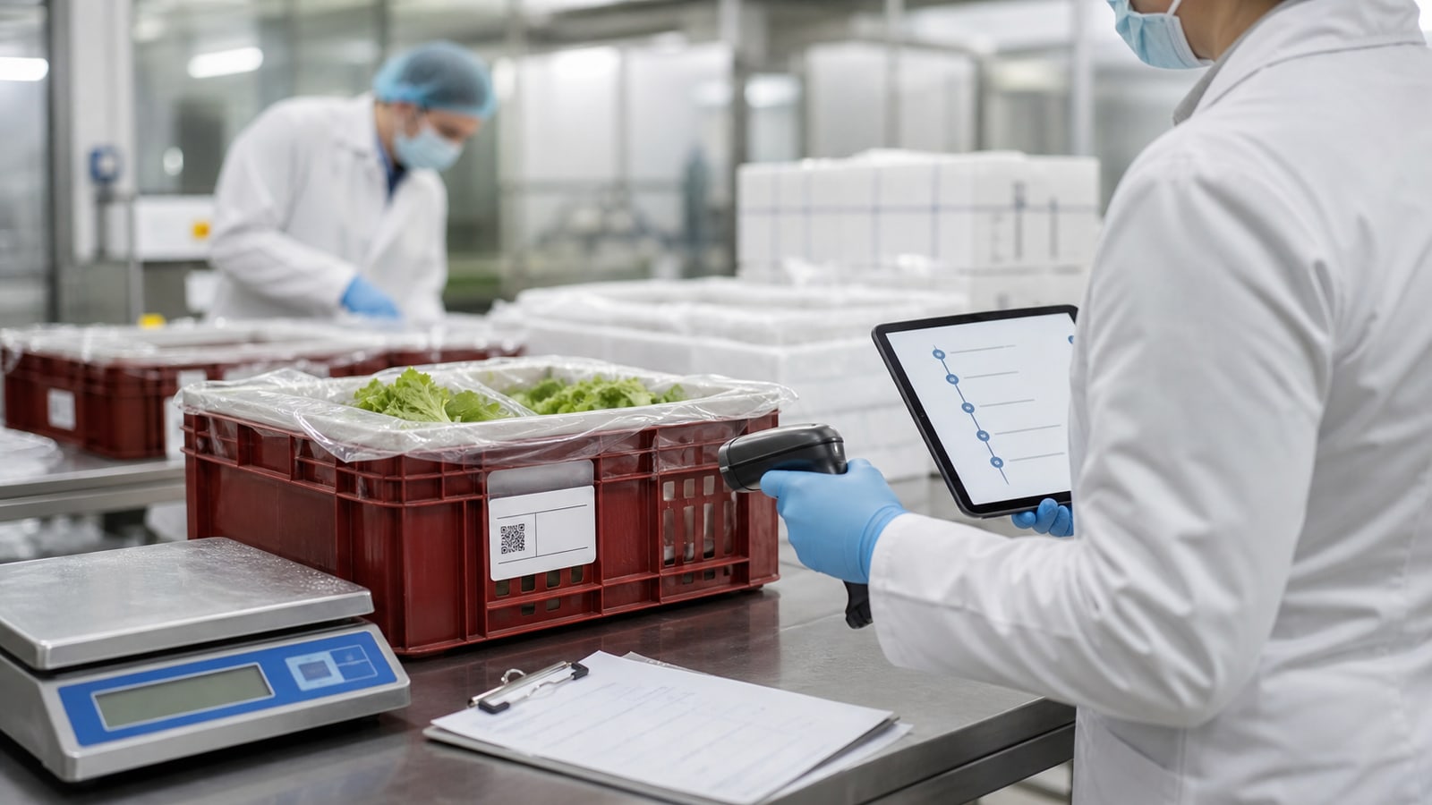 Escáner leyendo una etiqueta de trazabilidad en una línea de empaque alimentario
