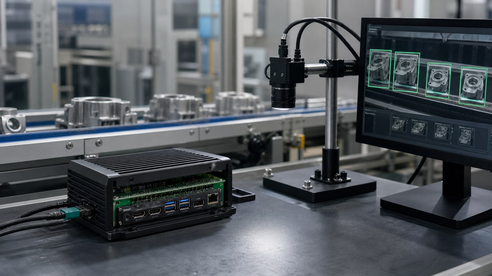 Cámara industrial y computador de borde analizando piezas en una línea de inspección