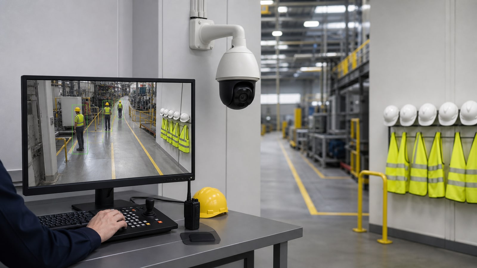 Cámara CCTV y monitor de seguridad industrial con detección visual de elementos de protección