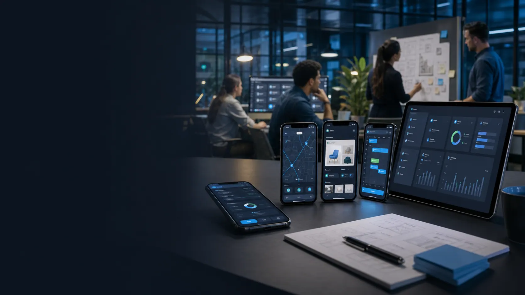Equipo diseñando aplicaciones móviles para diferentes tipos de negocio en teléfonos y tabletas