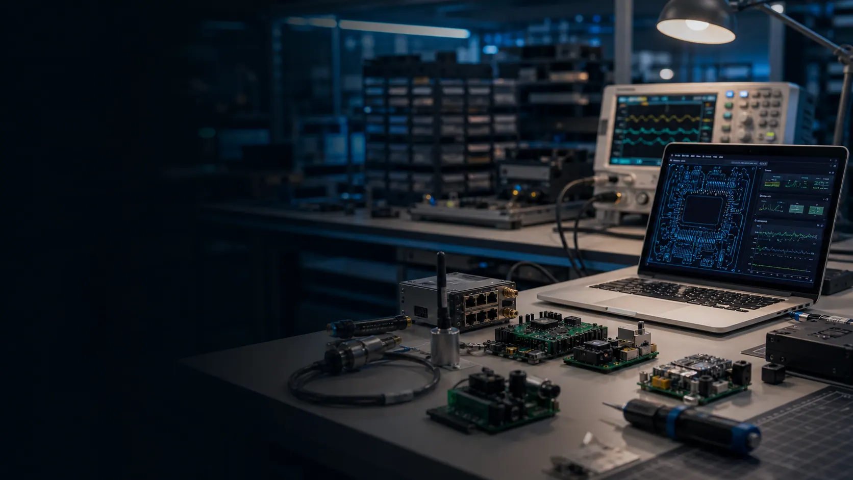 Banco de laboratorio con prototipos electrónicos, nodos IoT y equipos de medición