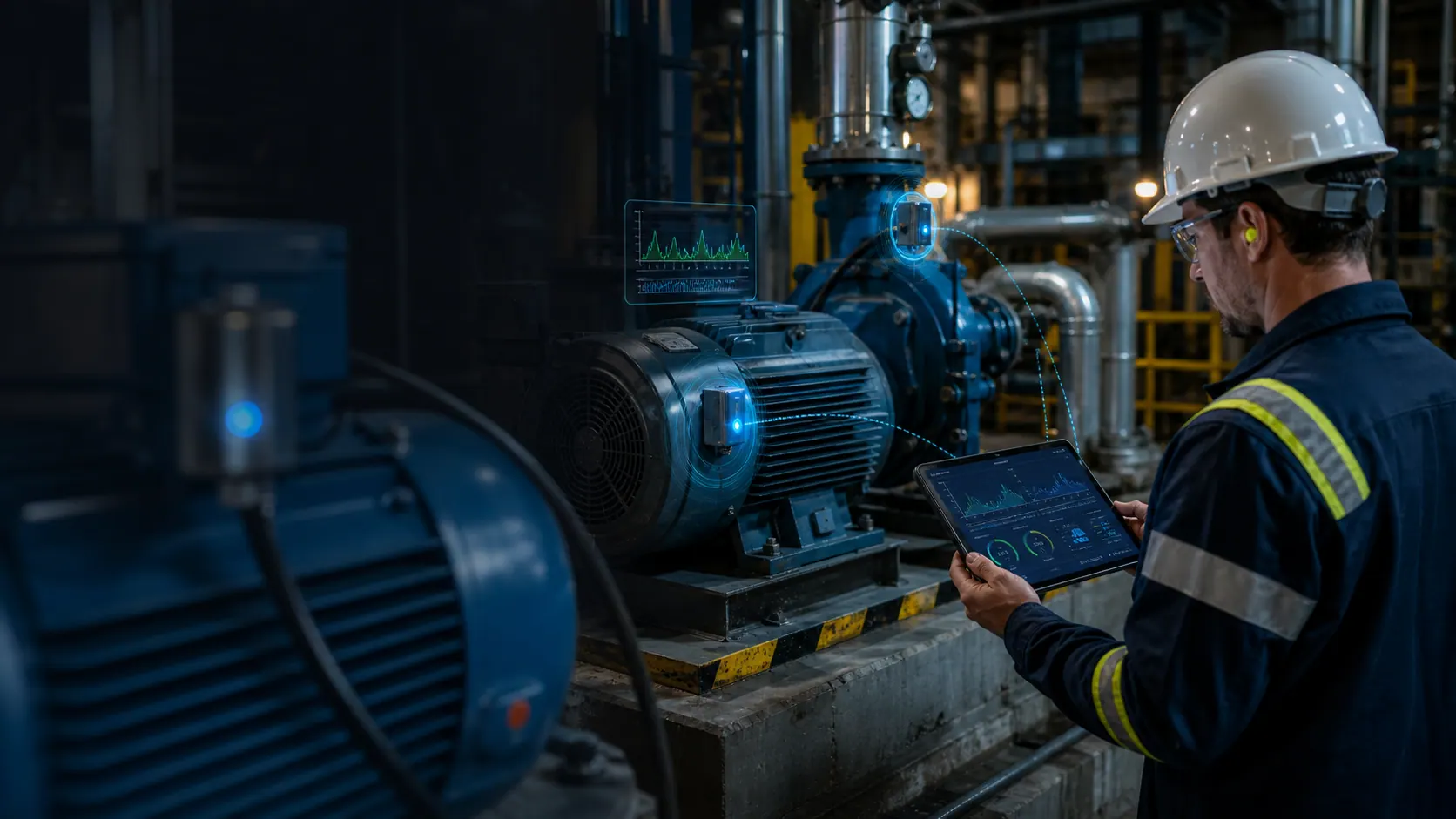 Motor industrial con sensores instalados para monitoreo y mantenimiento predictivo