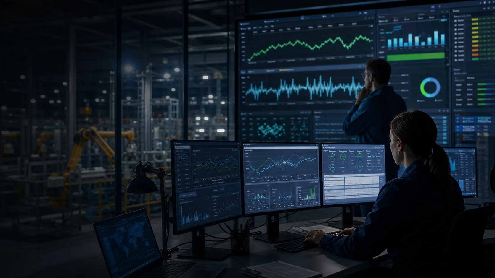 Tablero de analítica con curvas predictivas, nodos de aprendizaje automático y métricas operativas