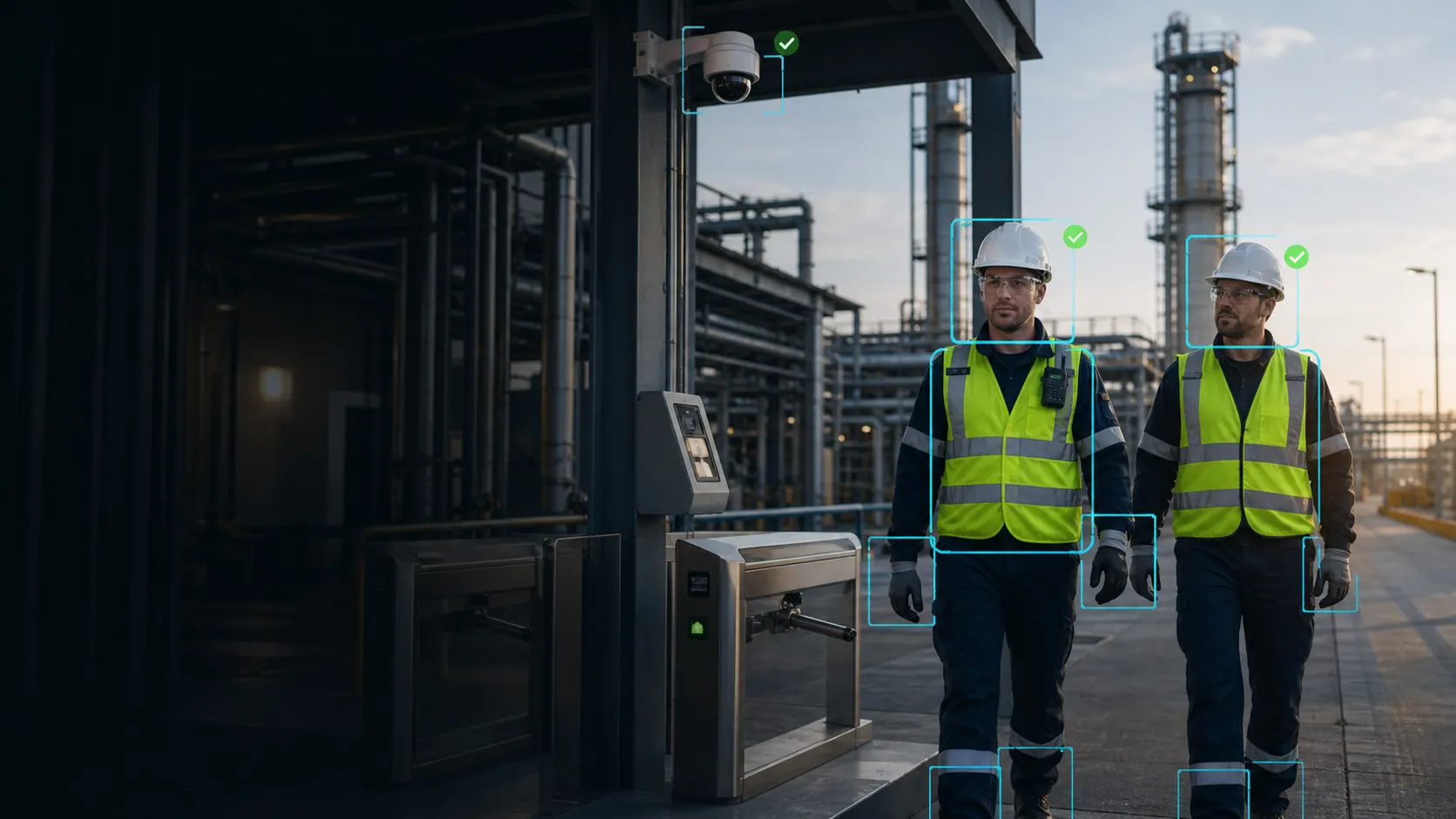 Trabajadores ingresando a una planta industrial con cámara de seguridad y elementos de protección personal