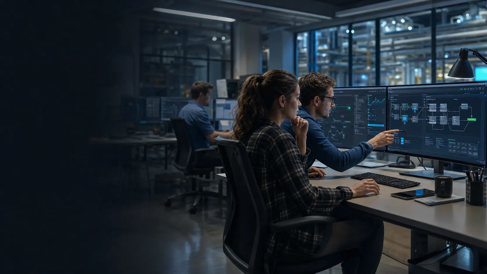 Interfaz de software industrial con paneles de código, integraciones y analítica operativa